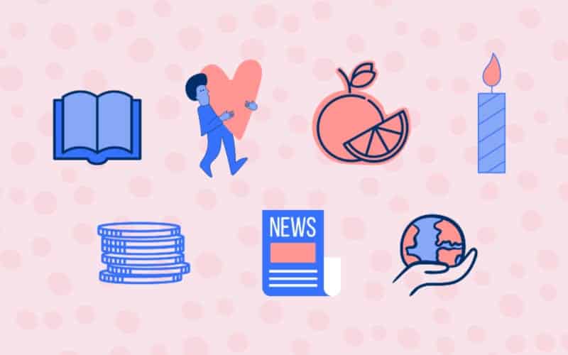 book man with heart fruit candle coins news holding globe icons